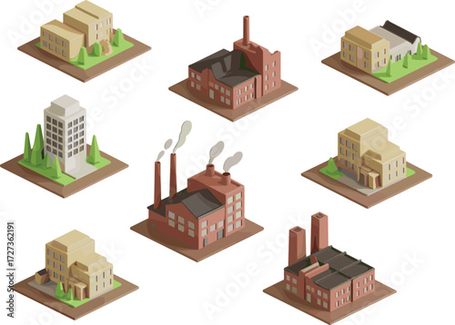 Isometric industrial factory network with interconnected plants, smokestacks, and logistics for supply chain, manufacturing, and business infrastructure design visuals.