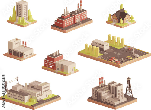 Isometric industrial factory network with interconnected plants, smokestacks, and logistics for supply chain, manufacturing, and business infrastructure design visuals.