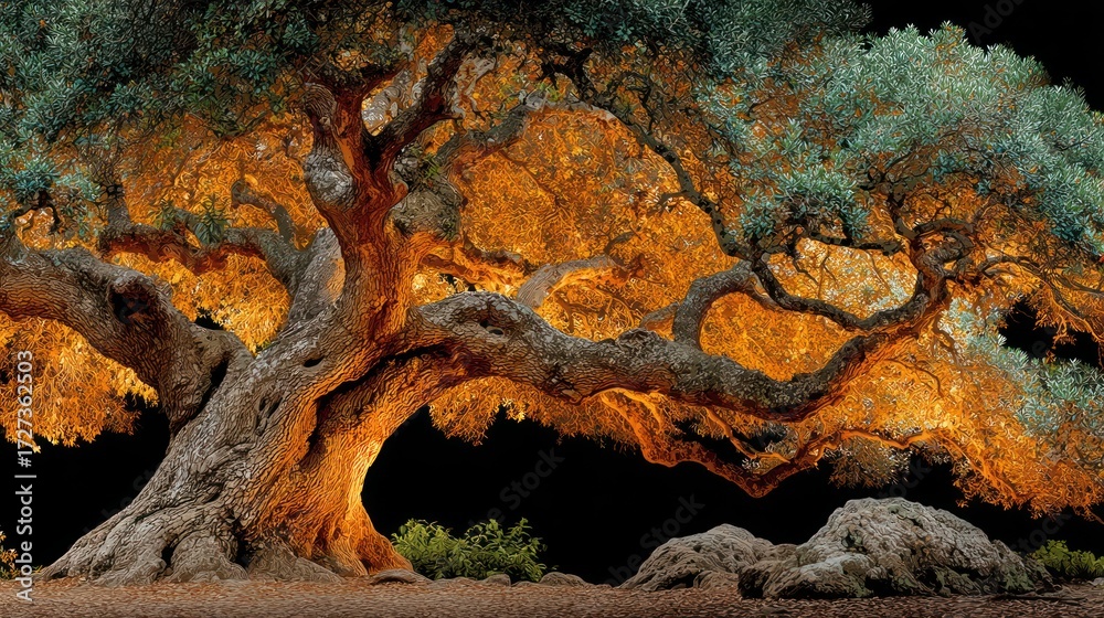 Naklejka premium Ancient oak tree illuminated, vibrant orange glow