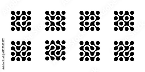Collagen molecule connected dots. Abstract cell of circular shapes. Metaball morph flow, atoms in a liquid drop. Medical nerve node, square networking icon. Futuristic communication smart design