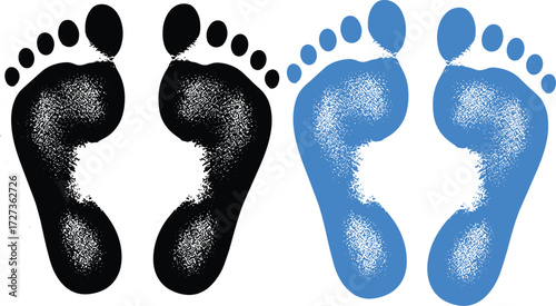 Human footprints illustration, black and blue foot pattern, podiatry concept, gait analysis texture, toe contour art, medical movement graphic, symmetrical design