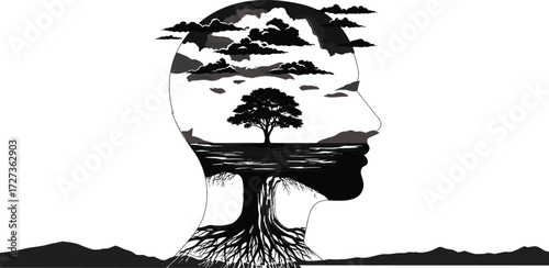 Human nature silhouette, tree of thought illustration, black and white head art, symbolic landscape design, introspective mind vector, growth and roots graphic