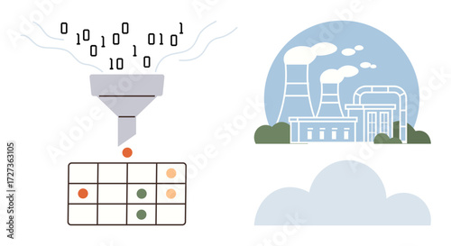 Data funnel converting binary code into structured data, factory emissions in background. Ideal for data analysis, pollution monitoring, environment tracking, industrial technology, AI, machine
