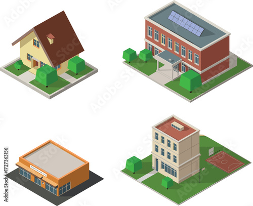 Isometric urban harmony scene with eco home, solar school, coffee shop, and basketball court for smart city, UI, and sustainable design projects.