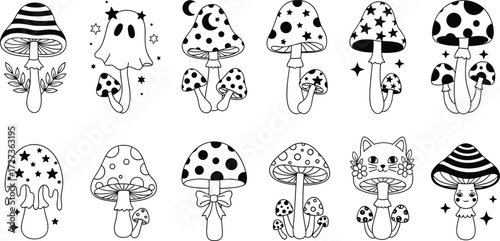 Whimsical mushroom illustrations, fantasy fungi art, black and white decorative mushrooms, cute nature doodles, magical botanical clipart, surreal mushroom designs