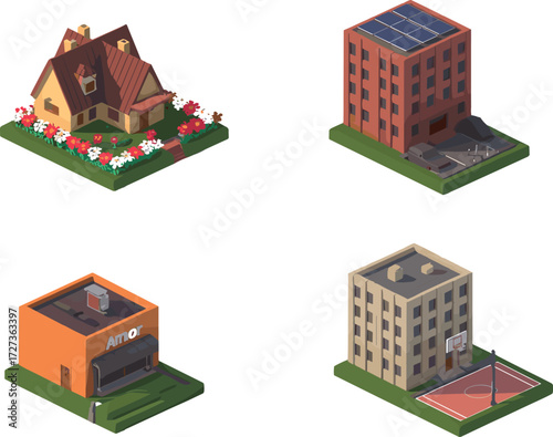 Isometric urban harmony scene with eco home, solar school, coffee shop, and basketball court for smart city, UI, and sustainable design projects.