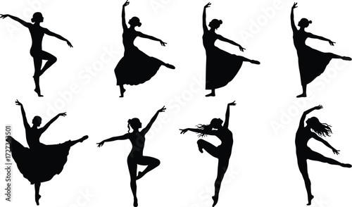 Elegant ballet dancer silhouettes in graceful classical poses, vector illustration of ballerina movements, performing arts, dance studio, choreography, performance art