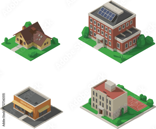 Isometric urban harmony scene with eco home, solar school, coffee shop, and basketball court for smart city, UI, and sustainable design projects.