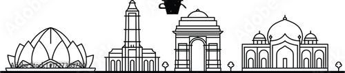 New Delhi skyline line art featuring iconic landmarks like Lotus Temple, India Gate, and Jama Masjid for travel, tourism, and design projects.