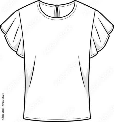 cad drawing flat vector illustration, flutter sleeve top sketch, fashion design template, ruffle sleeve blouse, garment technical outline