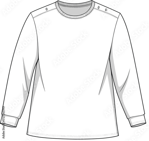 cad drawing flat vector illustration, long sleeve shirt technical sketch, fashion design template, shoulder button top, garment outline