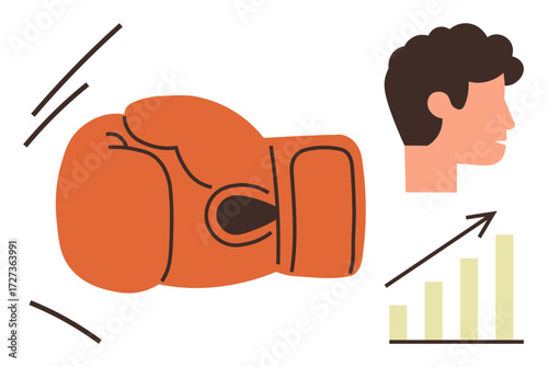Orange boxing glove mid-action, male side profile, and an upward growth chart. Ideal for motivation, success, determination, progress, strategy growth mindset perseverance. Simple flat metaphor