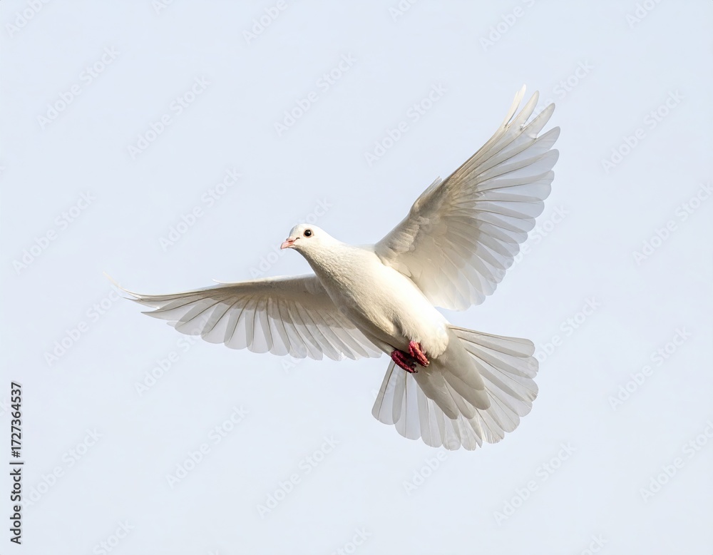 Obraz premium A majestic white dove soaring through the sky with its wings spread wide.