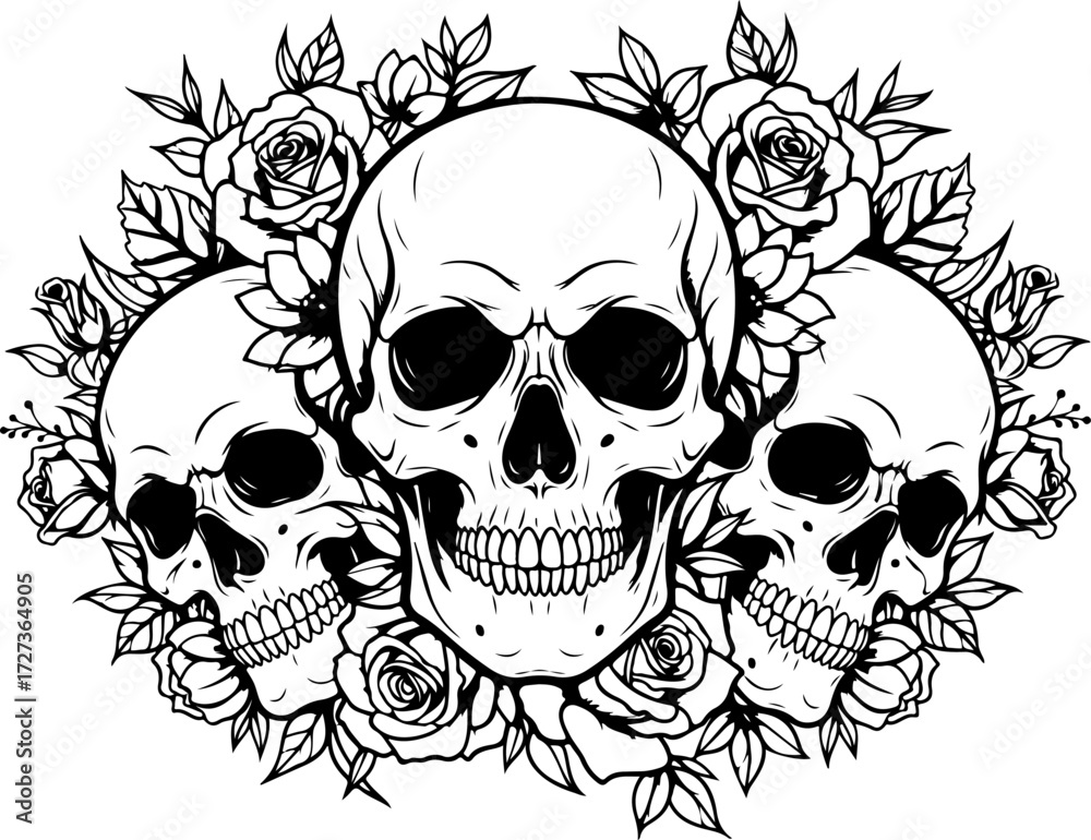 Obraz premium Skull Silhouette with Roses and Flowers in Gothic Tattoo Style