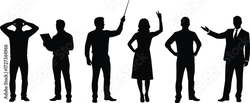Silhouette people gestures, body language illustration, presentation poses, confident stance, teaching action, communication concept, expressive figures, black silhouette icons, human posture set