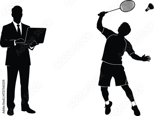 Silhouettes of business and sports individuals, contrasting professional and active lifestyles, ideal for illustrating balance, duality, and modern life dynamics