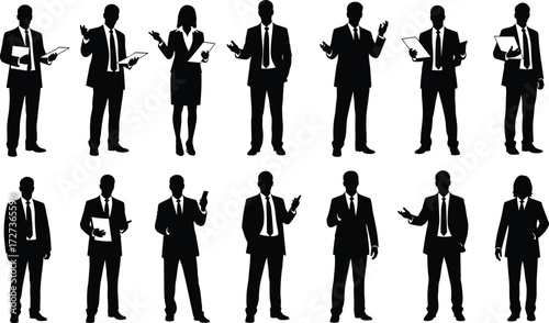 Silhouettes of diverse business professionals in formal attire, engaged in communication and presentation, ideal for corporate, teamwork, and leadership visuals