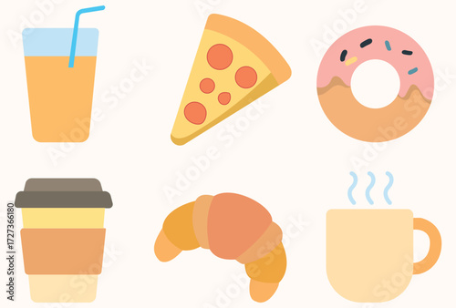 Fast food and drink flat vector icons set, pizza, coffee, donut, juice, croissant illustration