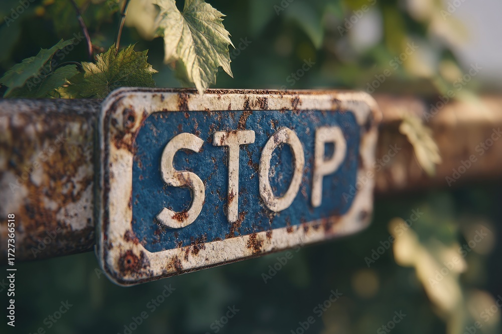Fototapeta premium Rusty stop sign obscured by foliage