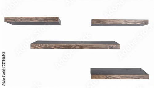 Four Dark Brown Wooden Floating Shelves Isolated on White