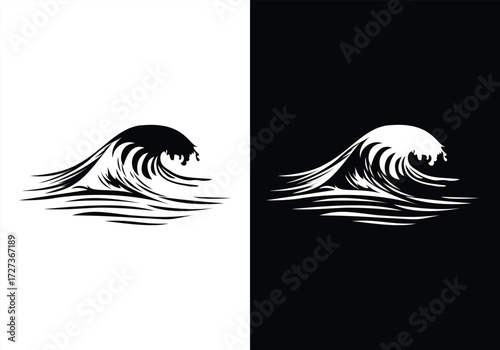 Vector art of stylized wave illustration in black and white on contrasting backgrounds