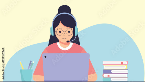 Young woman with headset working on laptop, online learning illustration