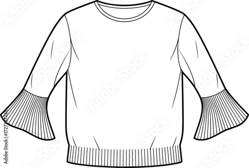Women's long sleeve top technical sketch, pleated bell cuff, round neckline, ribbed hem, elegant casual garment design, cad drawing flat vector illustration