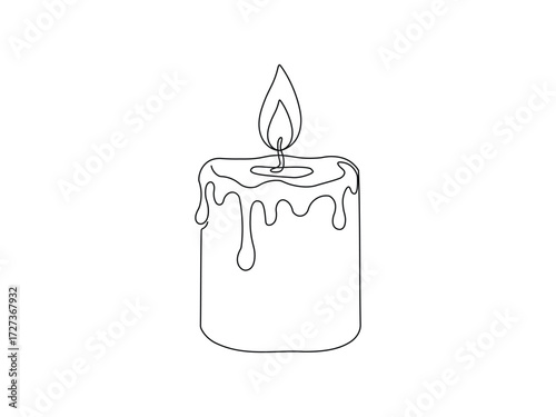 Continuous one line drawing of a burning candle with dripping wax melting, depicting the mysterious atmosphere of Halloween night. Line art style vector illustration.