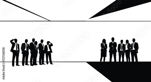 Stylized silhouette groups of business professionals in abstract geometric space, representing leadership, teamwork, contrast, and corporate dynamics in modern workplaces