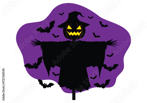 Vector art of scary halloween scarecrow with pumpkin head and bats on purple background