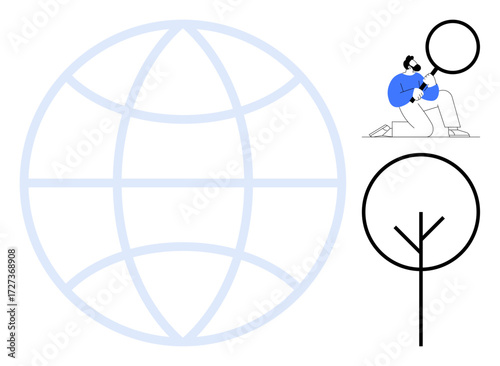 Globe with minimal lines and researcher inspecting tree concept with magnifying glass. Ideal for environmentalism, sustainability, eco-awareness, global care, research, nature preservation
