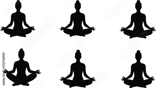 Meditation silhouettes in lotus yoga pose with mudra hand gesture, vector illustration symbolizing mindfulness, calmness, balance, relaxation, spirituality, focus, and wellness