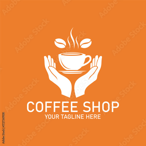 Vector art of coffee shop logo with hands holding a cup and coffee beans