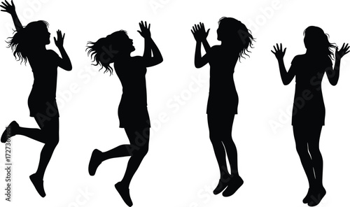 Jumping silhouette vector illustration showing dynamic human poses with motion, energy, freedom, happiness, dance movement, active lifestyle, fitness, and celebration