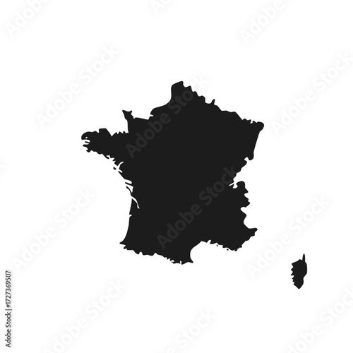Simplified black silhouette of France with Corsica showcasing the country's geographic shape