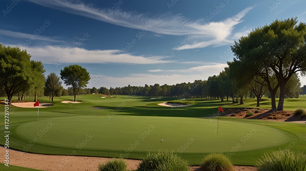 Fototapeta premium Scenic Golf Course with Lush Fairway and Red Flag in Sunlight V4