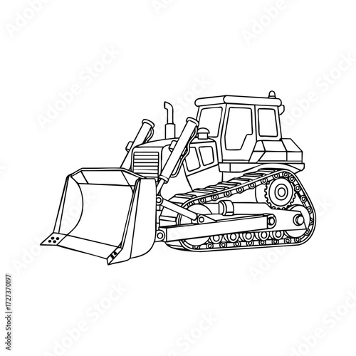 Detailed line drawing of a heavy construction vehicle designed for earthmoving and excavation tasks.