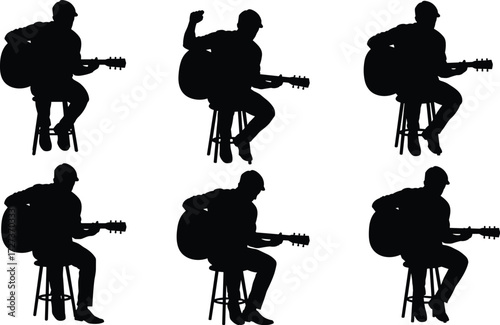 Musician silhouette playing acoustic guitar vector illustration, male guitarist seated on stool performing music, artistic concert design for creative projects