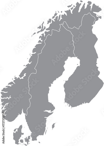 Solid grey silhouette of Scandinavia, Isolated