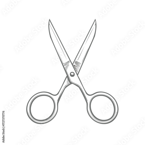 Vintage style drawing of open scissors in a monochrome sketch or engraving illustration
