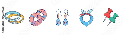 Colorful accessory icons including jewelry and pins, Illustration set of accessories such as bangles, scrunchies, earrings, scarf, and push pins, isolated on white for style and decoration.
