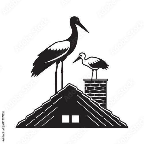 Stork Feeding Chick On Rooftop Nest Silhouette