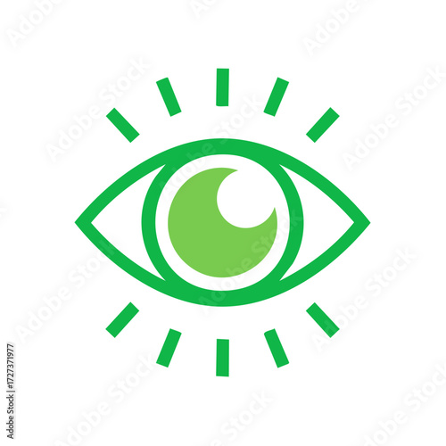 Green Eye Icon with Rays, Graphic Ophthalmology, Health, Vision and Awareness