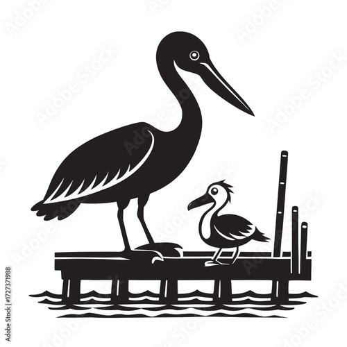 Pelican Feeding Baby On Dock Silhouette