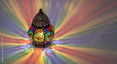 A colorful moroccan lantern casting vibrant shadows, symbolizing cultural richness, artistic expression, and the beauty of diverse traditions