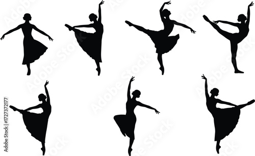Silhouette ballerinas performing classical ballet dance poses, graceful movement, elegant performance, artistic expression, theater stage, vector illustration design, creative art