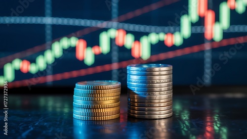 Stacks of coins with financial chart in background representing investment growth