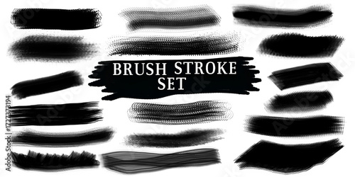 Set of black brush stroke design with grunge paint texture and vintage label concept