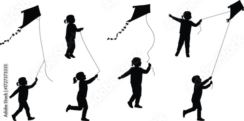 Silhouette children flying kites outdoors in summer sky, playful kids activity, happy childhood leisure, freedom, festival celebration, vector illustration design