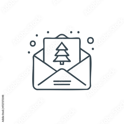 Christmas tree card inside open envelope with snow dots line drawing design